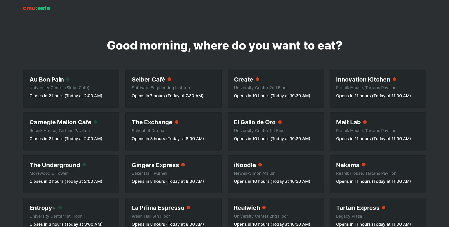 The current version of cmueats.com
as of 2020