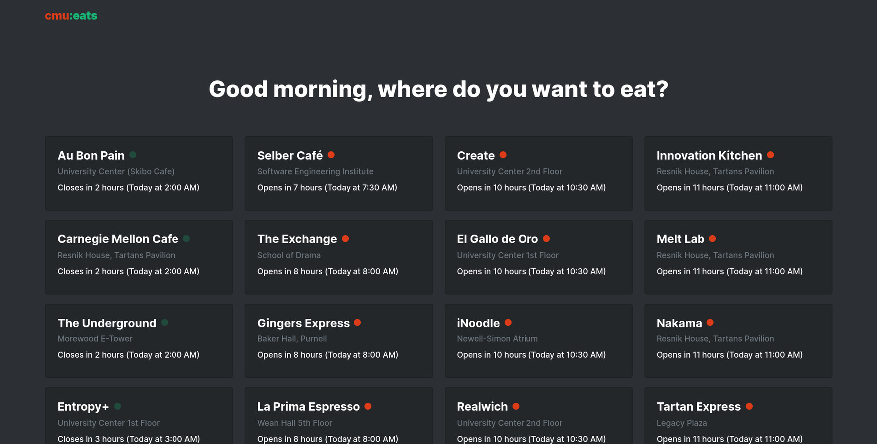 The current version of cmueats.com
as of 2020